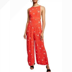 Free People Women Orange Square Neck Back Tie Boho Wide Leg Jumpsuit Small